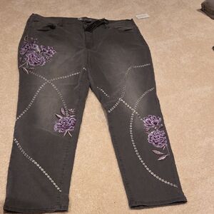 DG2 by Diane Gilman Gray Jeans with Purple Embroidery